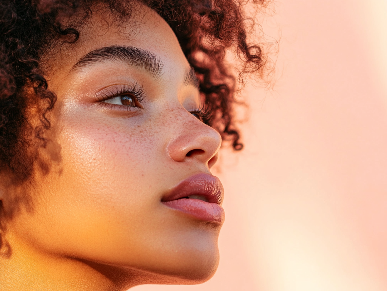 Editorial skincare hero — close-up portrait with soft peach background